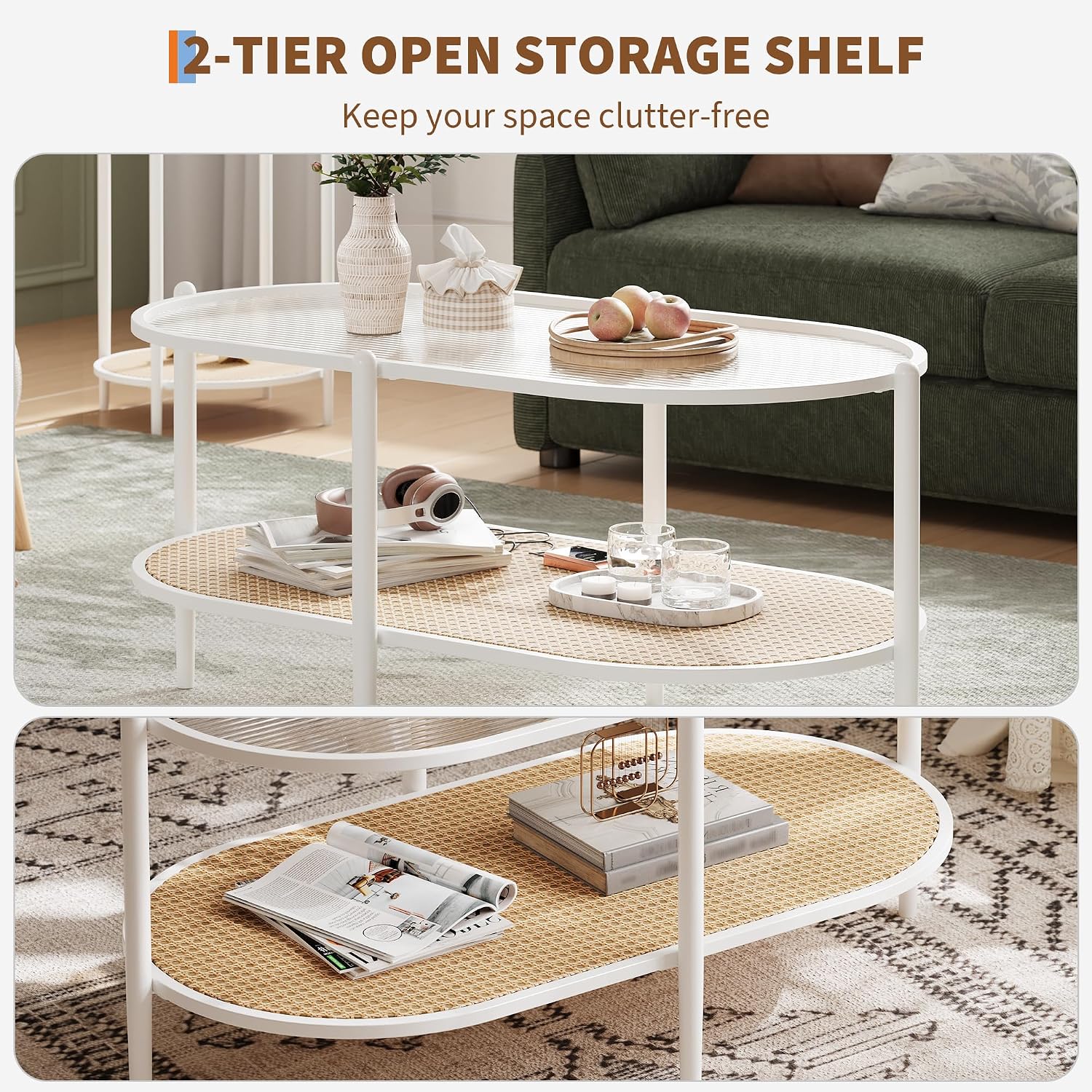 Boho Rattan Coffee Table with Glass Top, 2-Tier Oval Center Table with Metal Frame & Storage Shelf, Rustic Farmhouse Living Room Accent Tea Table for Apartment, Bedroom, Office White