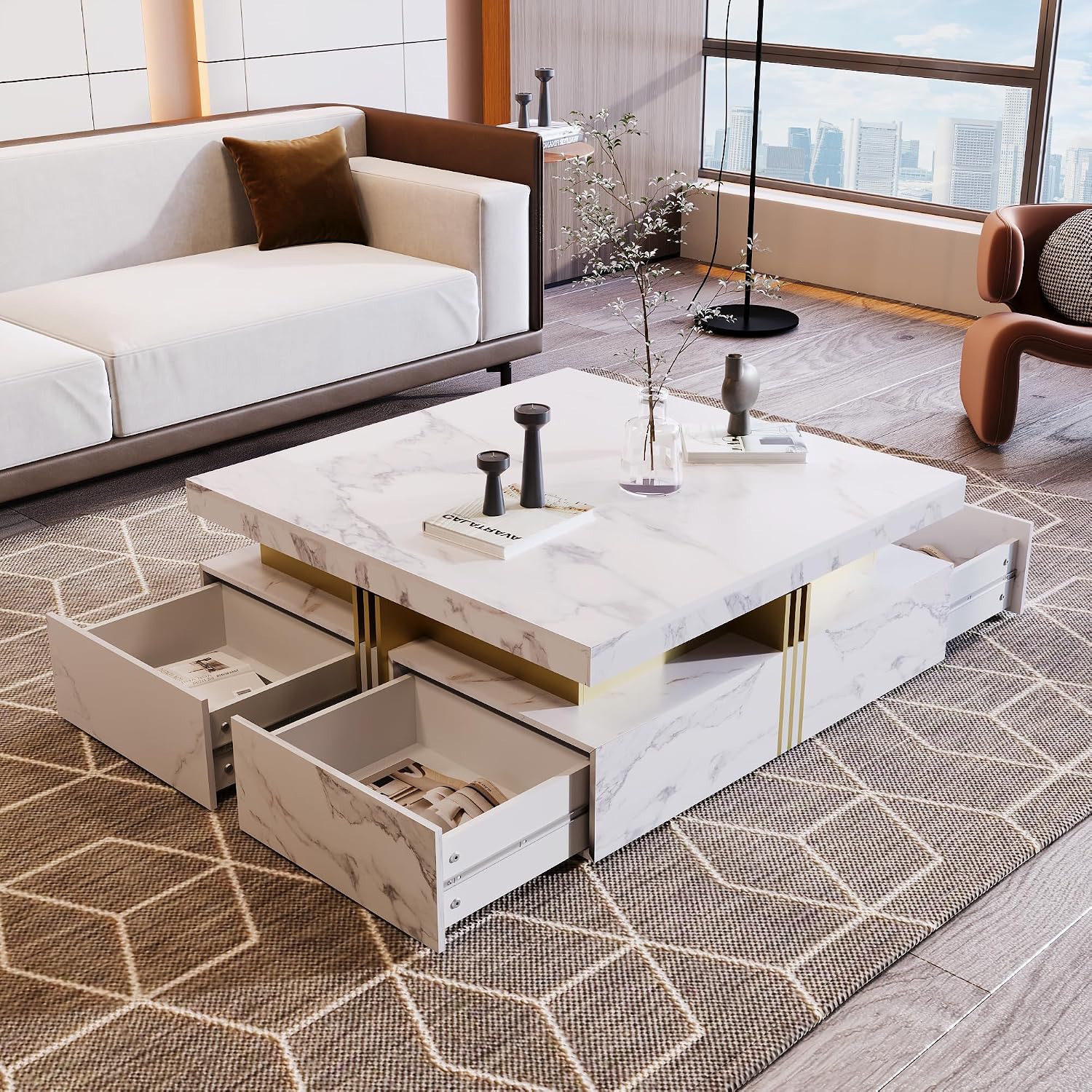 Merax Modern White and Gold Square Coffee Table with 4 Drawers, Ample Hidden Storage, Durable MDF Construction, Sleek Accent End Table for Living Room, Lounge, and Apartment Decor, White