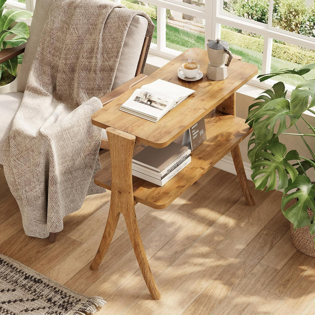 LITTLE TREE Narrow Side Table Set of 2, Small Side Table, 2-Tier Farmhouse End Table with Solid Wood Legs, Space-Saver for Living Room, Bedroom, Entryway (Light Walnut)