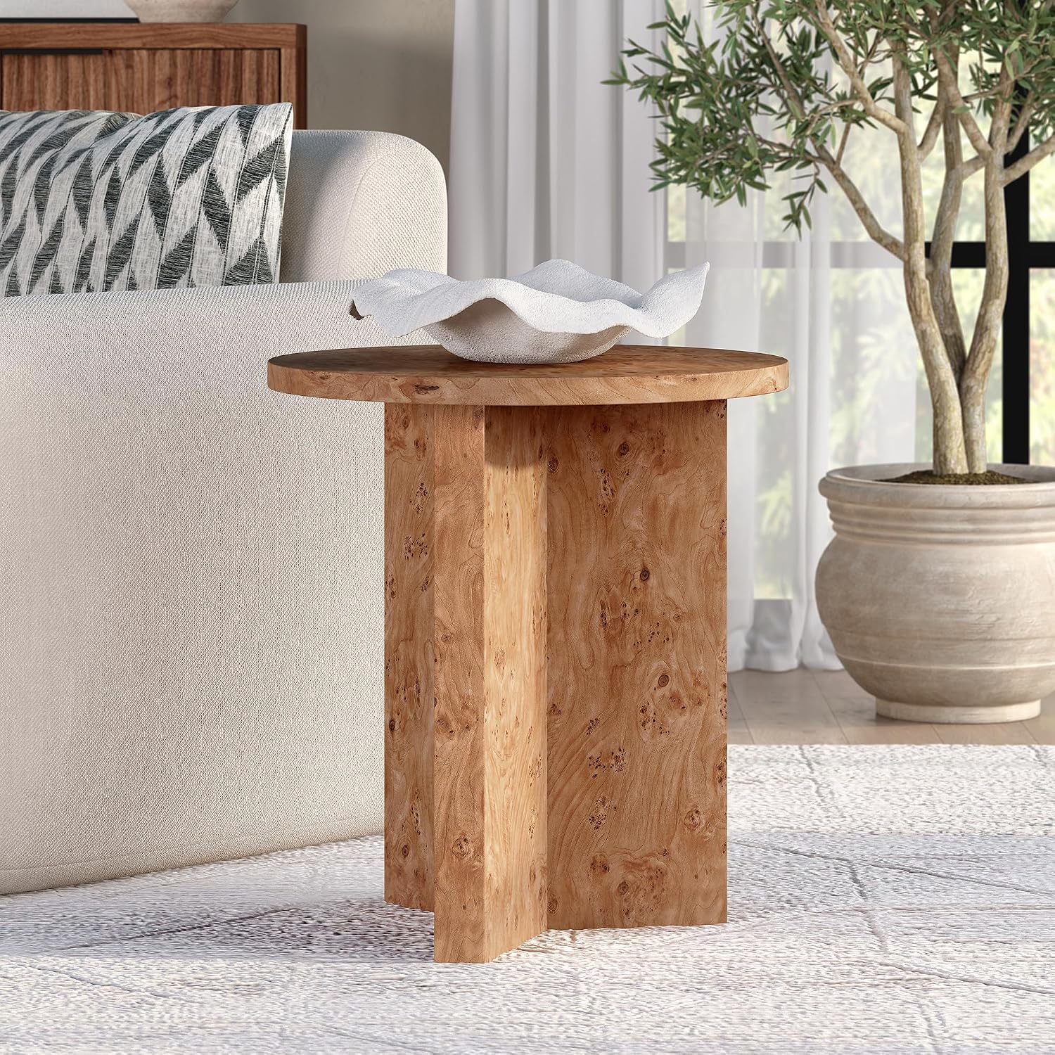 Henn&Hart 20' Scandinavian Round Wooden End Table, Side Table, Nightstand with X-Base for Living Room, Office, Family Room, or Bedroom, Caramel Burl