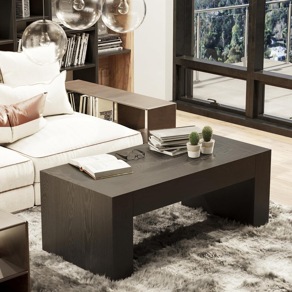 COZAYH Modern Black Wood Coffee Table with Thick Block Legs and Natural Wood Grain, Rectangular Large Center Table for Living Room Decor, Office, Farmhouse, Sturdy