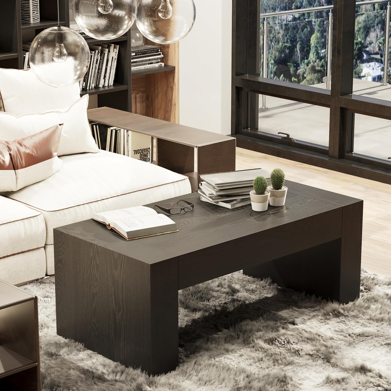 COZAYH Modern Black Wood Coffee Table with Thick Block Legs and Natural Wood Grain, Rectangular Large Center Table for Living Room Decor, Office, Farmhouse, Sturdy