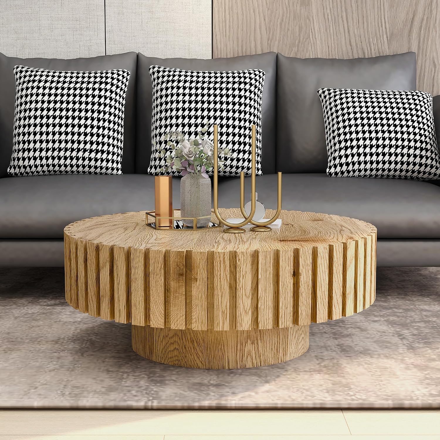 Round Coffee Table for Living Room, 31.5' Circle Wood Center Table with Pedestal for Apartment, Easy Assembly, Natural