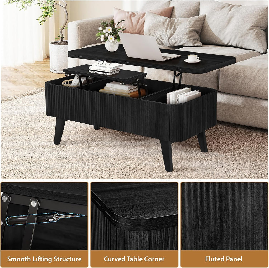 Fluted Lift Top Coffee Table, 3 in 1 Convertible Coffee Tables Converts to Dining Tables, Modern Oval Wooden Center Table with Storage for Living Room Office Small Space, Partial Assembly (Black)