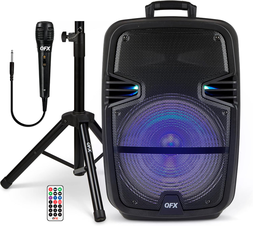 QFX PBX-616SM 15' Bluetooth Rechargeable Speaker with LED Lights, Mic and Stand, Black