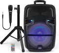 QFX PBX-616SM 15' Bluetooth Rechargeable Speaker with LED Lights, Mic and Stand, Black