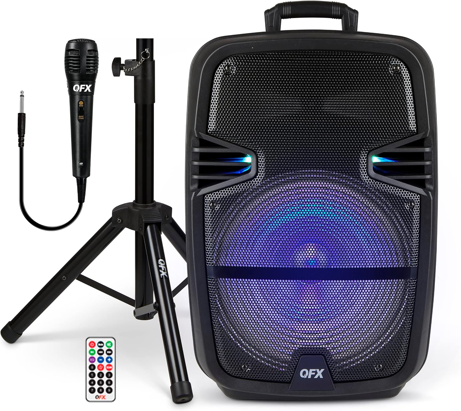QFX PBX-616SM 15' Bluetooth Rechargeable Speaker with LED Lights, Mic and Stand, Black