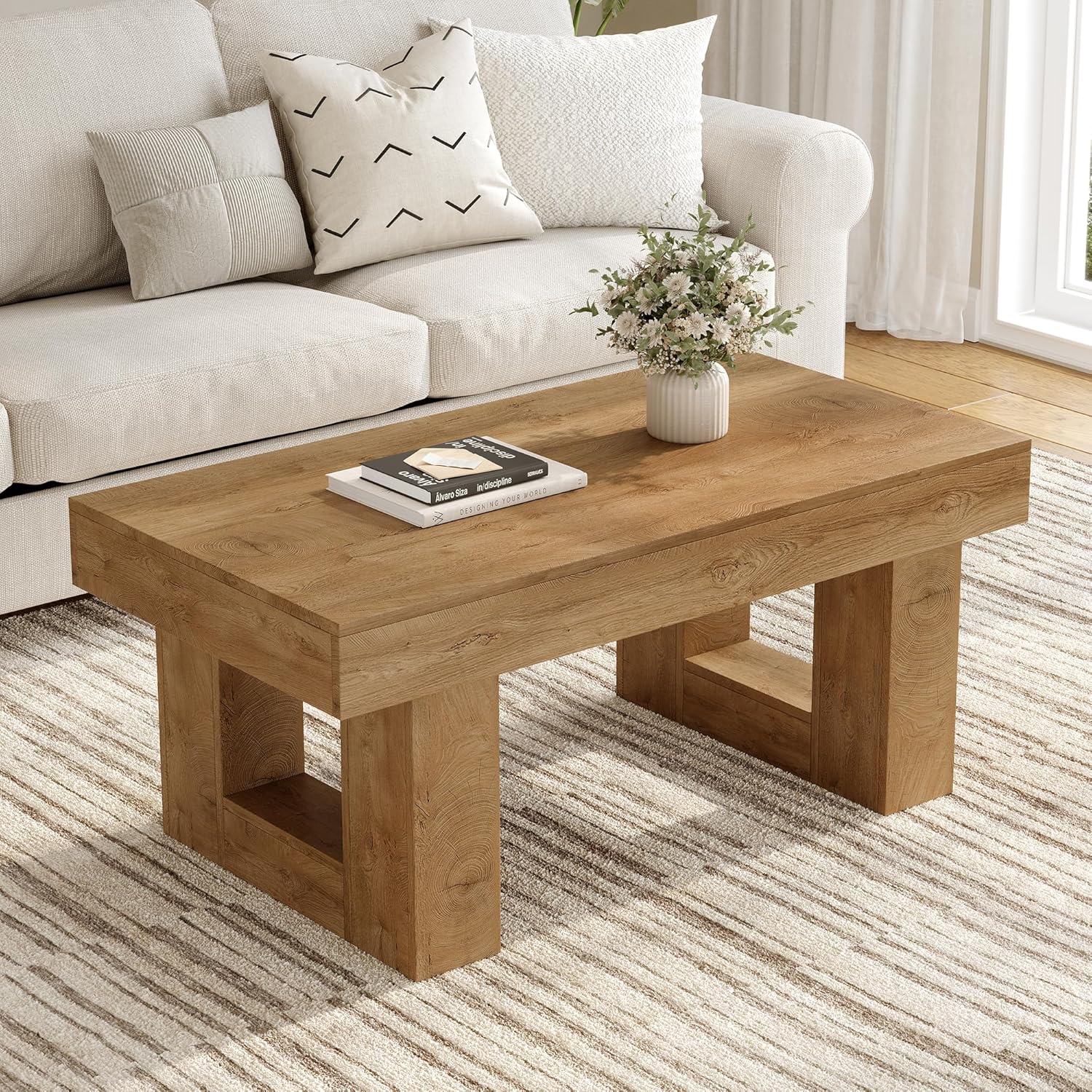 Rectangular Coffee Table, Heavy Duty Center Tables with Annual Ring Pattern, Farmhouse 42 Inch Wooden Coffee Table w Thick U-Shaped Base, Rectangle Side Tables for Living Room, Honey Brown