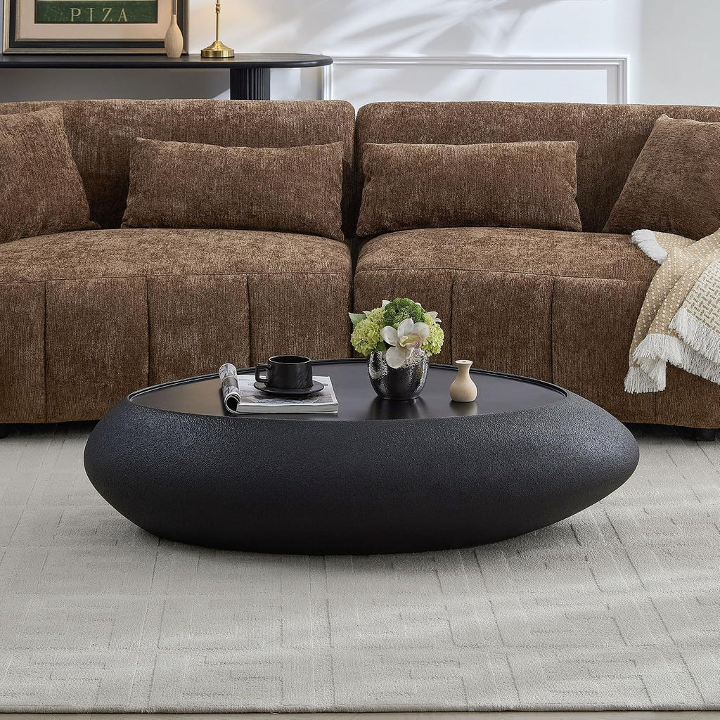 Oval Coffee Table for Living Room, Faux Stone Center Table, Accent Irregular Tea Table for Office Apartment, No Need Assembly, Black