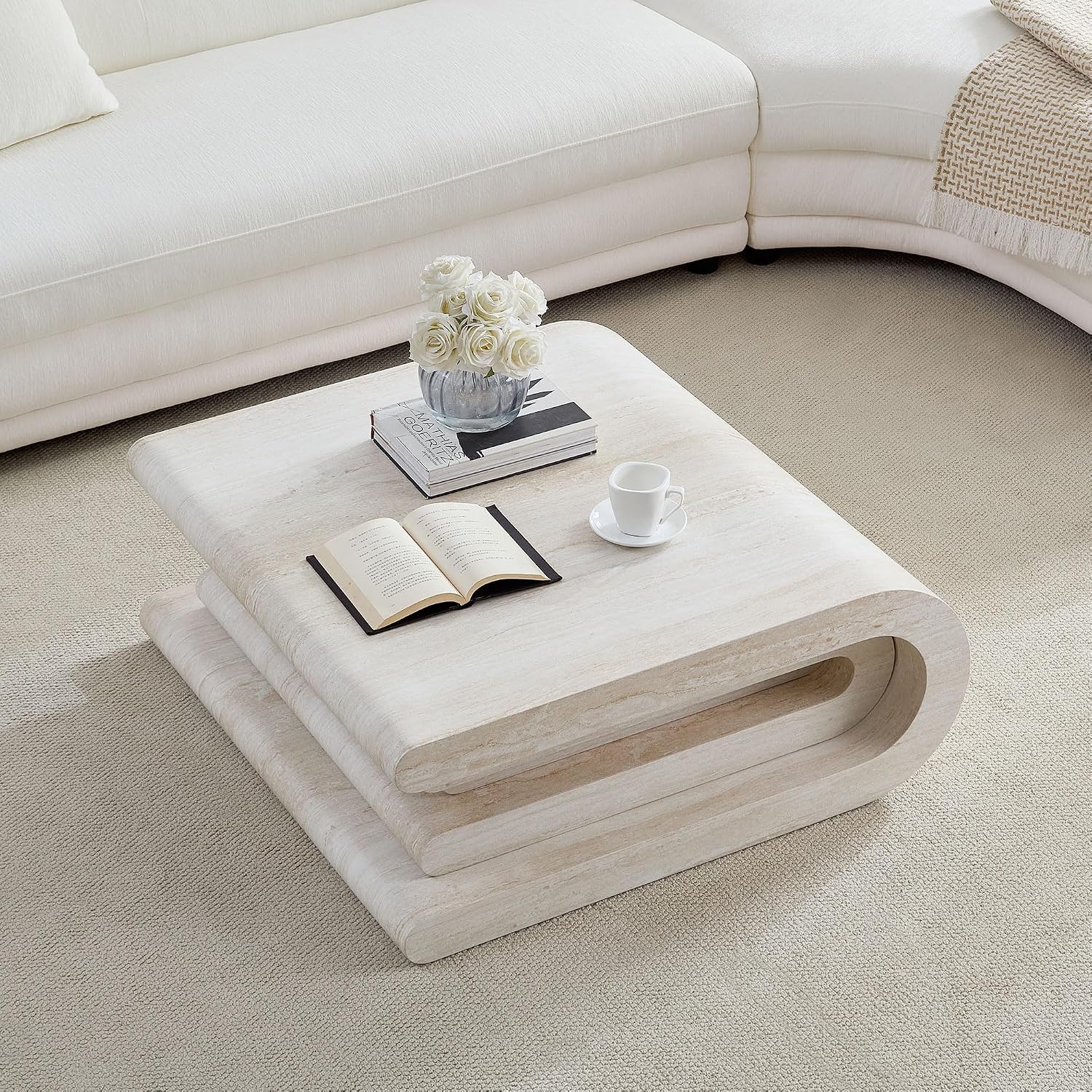 Square Coffee Table 33.86' Faux Marble Pattern Wood Center Table with Layered Base for Living Romm Apartment, No Need Assembly