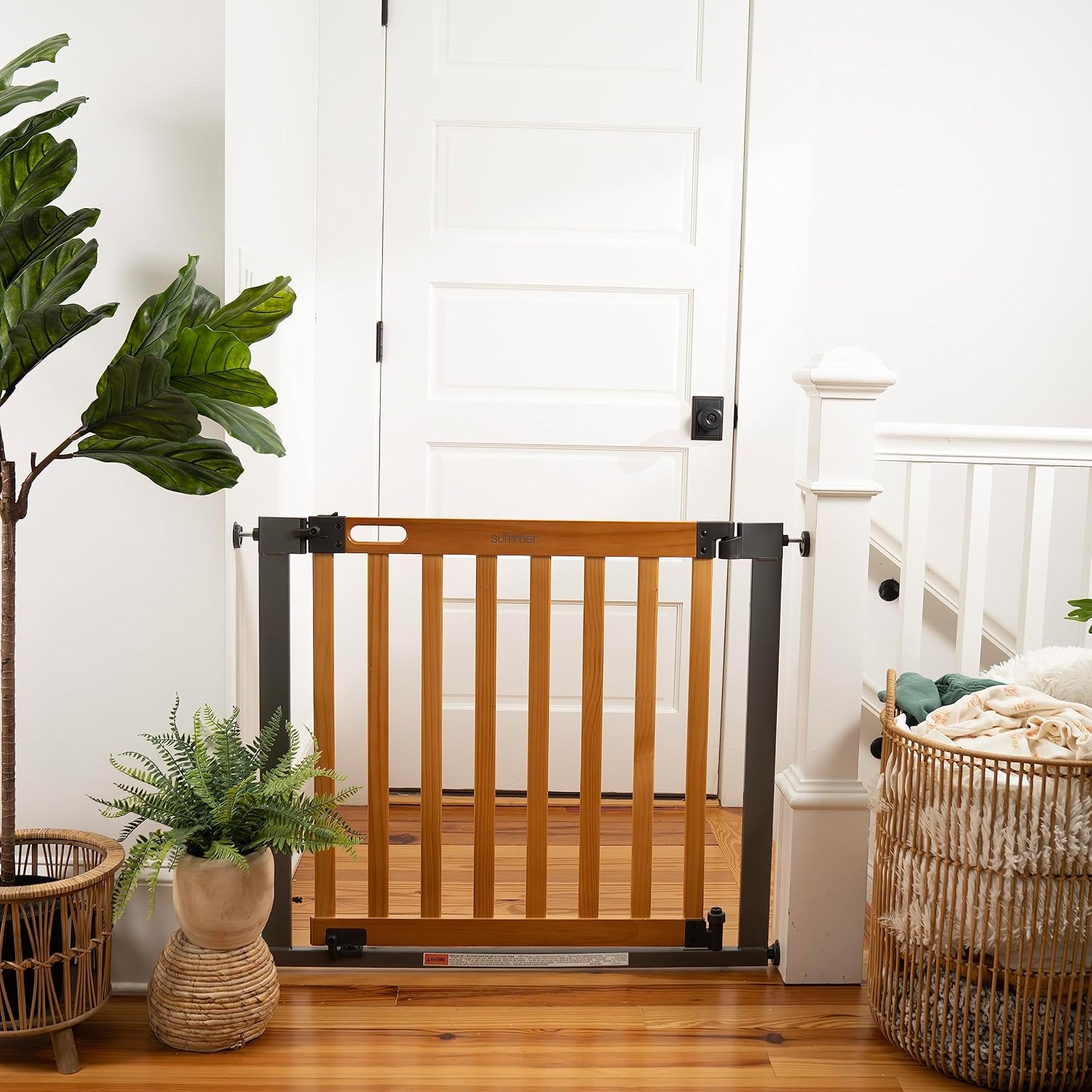 Summer Infant West End Extra Wide Safety Pet and Baby Gate, 36'-60' Wide, 30' Tall, Pressure or Hardware Mounted, Install Wall to Wall in Doorway, Auto Close Walk-Thru Door - Oak Wood and Metal