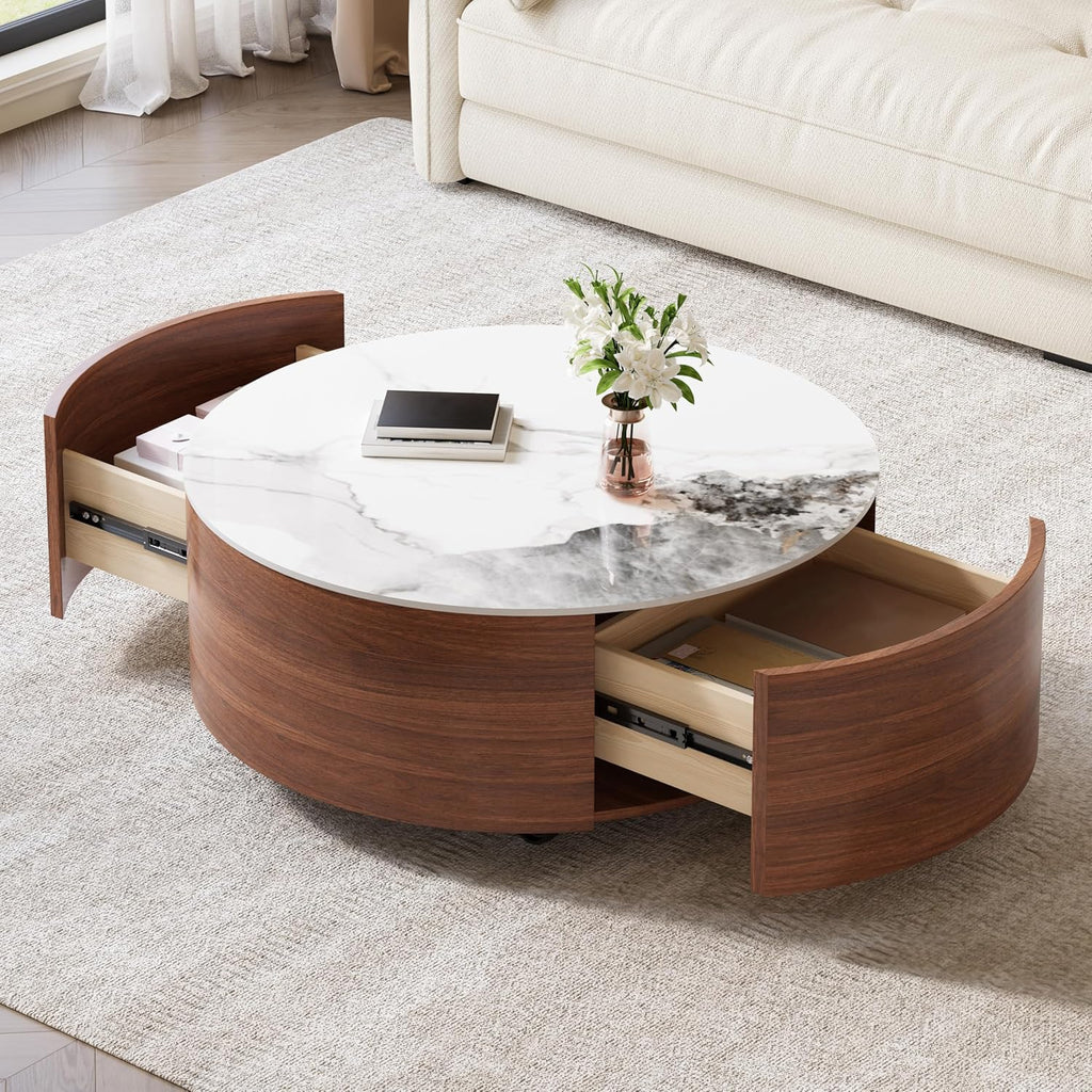 Merax 29.5' Round Coffee Table for Living Room, Movable Accent Table with Casters and 2 Storage Drawers, Marble Pattern Sintered Stone Top, Walnut