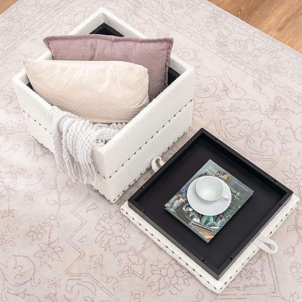 Adeco 18' Velvet Storage Ottoman with Tray Top, Modern Square Cube Footrest Coffee Table for Living Room, Bedroom, Dorm - Warm White, No Assembly Required