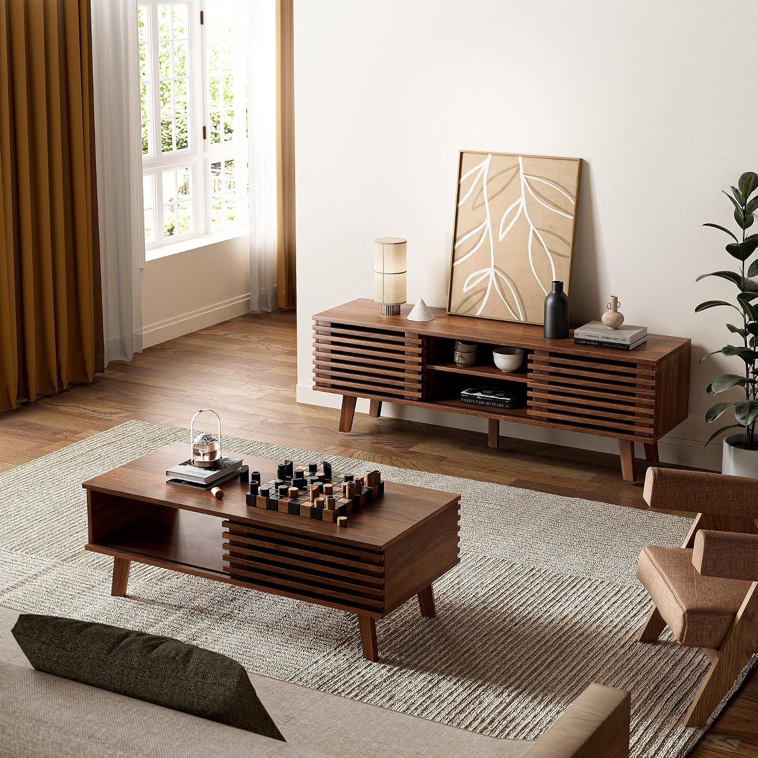 MAISONARIA Mid Century Coffee Table with Storage & Sliding Fence Door, Modern Coffee Tables for Living Room, Walnut Finish