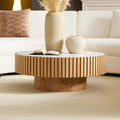 Round Coffee Table 35.43'' Circle Sintered Stone Tabletop Modern Wood Fluted Coffee Table for Living Room Apartment, Easy Assembly, Oak