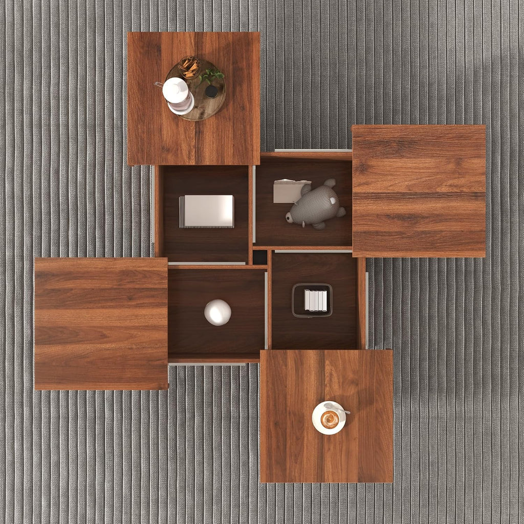 Merax Coffee Table, Modern Extendable Coffee Table with 4 Hidden Storage Compartments, UV High-Gloss Square Center Cocktail Table with Sliding Tabletop for Living Room, 39.4'x 39.4' (Walnut)