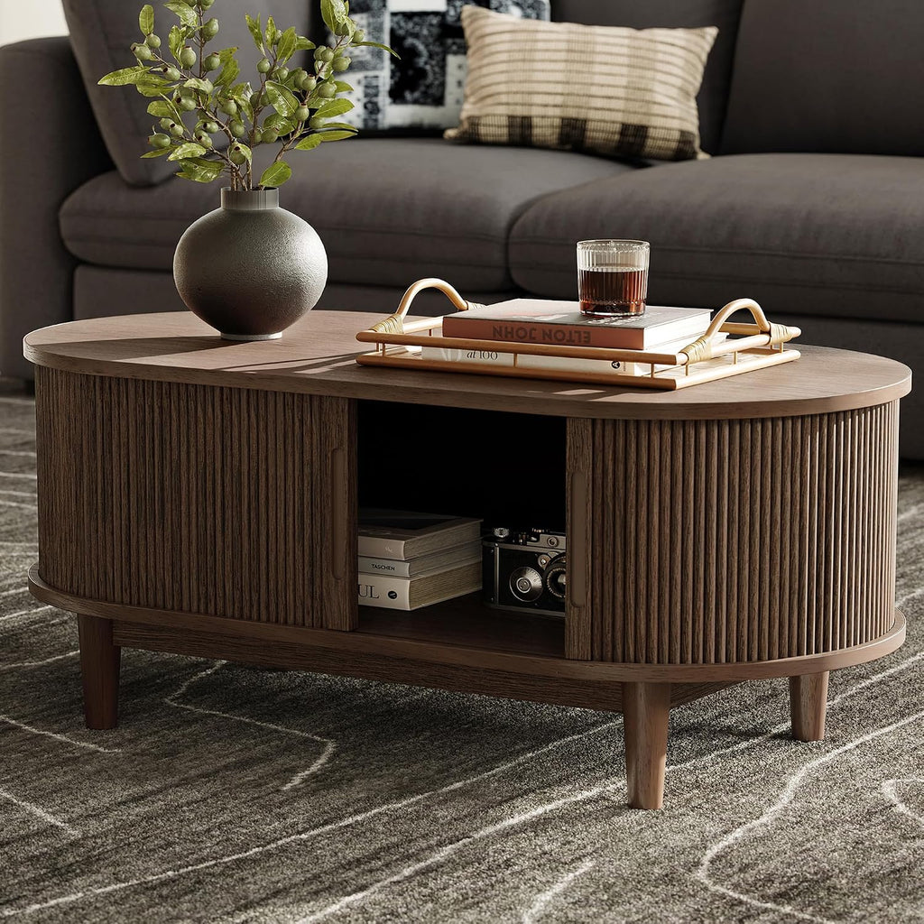 LINSY HOME Oval Coffee Table, Wood Coffee Table with Storage, Fluted Accent Center Table with Sliding Tambour Door, 39' Mid Century Modern Coffee Tables for Living Room, Bedroom, Apartment, Walnut