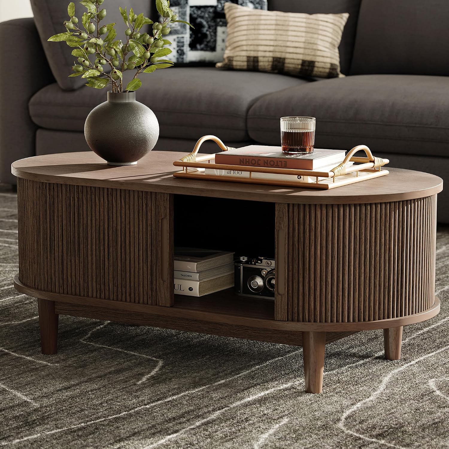 LINSY HOME Oval Coffee Table, Wood Coffee Table with Storage, Fluted Accent Center Table with Sliding Tambour Door, 39' Mid Century Modern Coffee Tables for Living Room, Bedroom, Apartment, Walnut