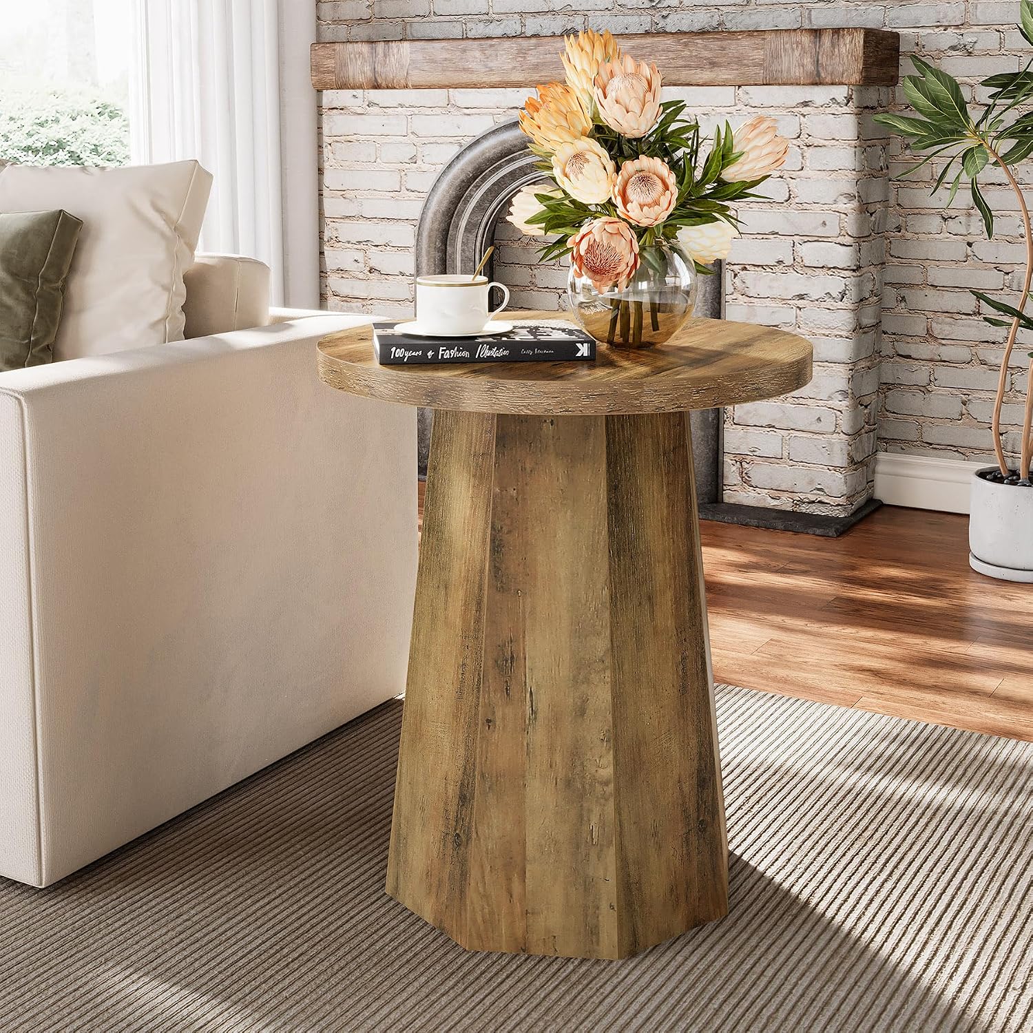 Tribesigns Round Pedestal End Table, Farmhouse Couch Side Table with Octagonal Base, Wooden Drink Stand Accent Nightstand(2, Rustic Brown)