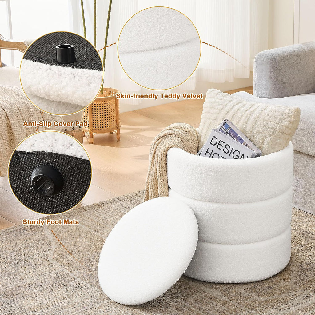 oakvivo Round Ottoman with Storage Set of 2, Soft Teddy Velvet Upholstered Foot Stool Vanity Chairs, Support 330lbs Padded Seat Multifunctional Ottomans Footrest, Foot Rest for Living Room, White