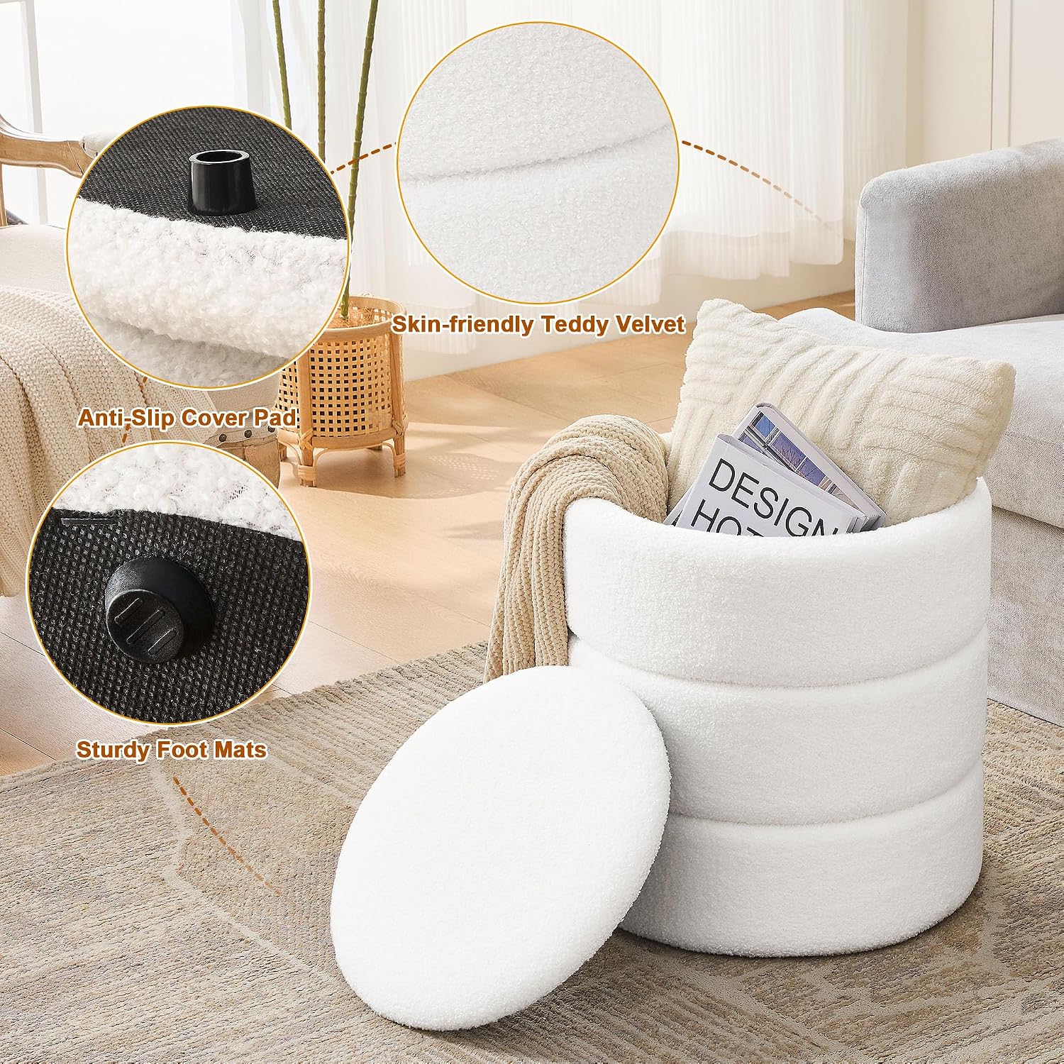 oakvivo Round Ottoman with Storage Set of 2, Soft Teddy Velvet Upholstered Foot Stool Vanity Chairs, Support 330lbs Padded Seat Multifunctional Ottomans Footrest, Foot Rest for Living Room, White