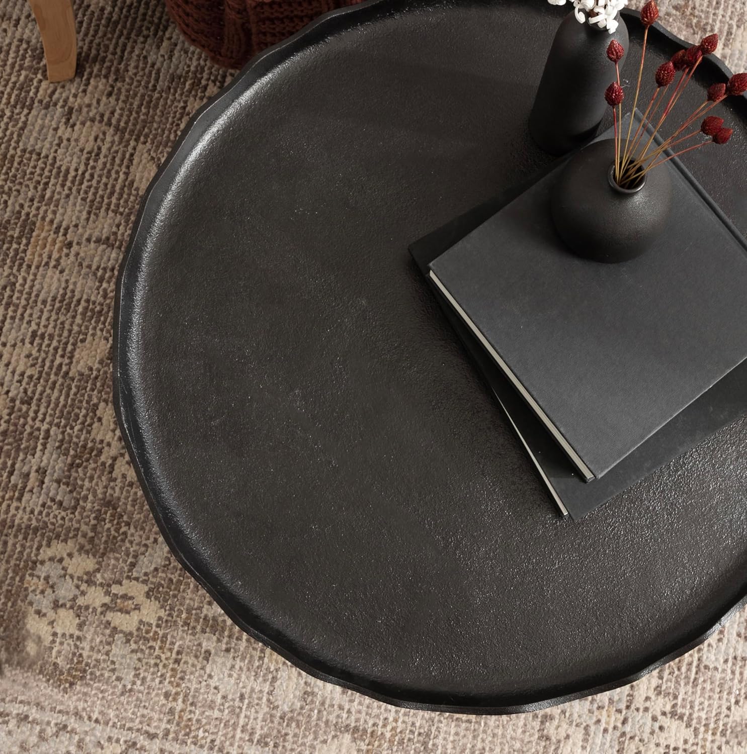 Kate and Laurel Alessia Modern Round Metal Coffee Table; 26 x 26 x 16; Black; Sand Cast Aluminum Coffee Table with Raised Deckled Edge for Storage and Display