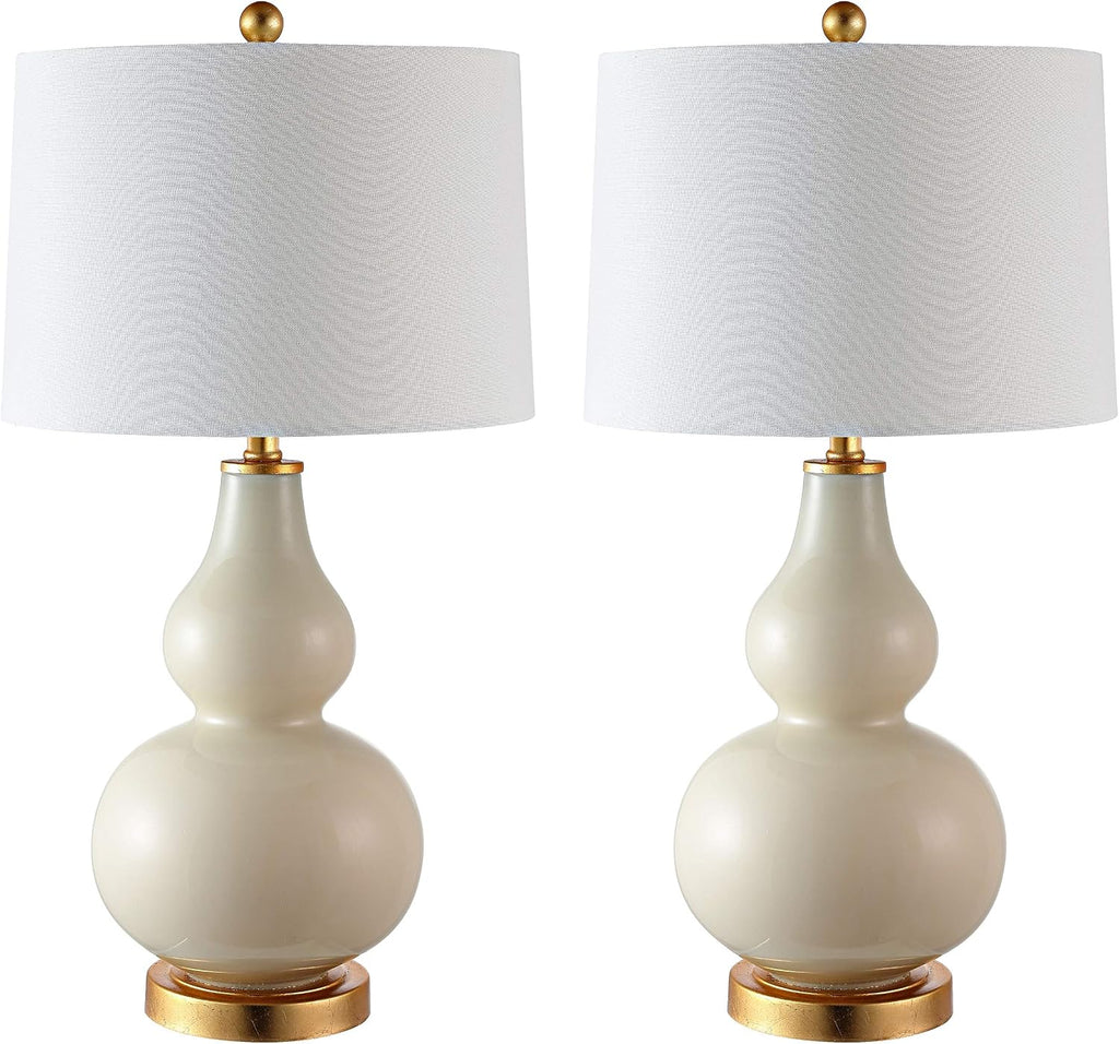 SAFAVIEH Lighting Collection – Karlen Set of 2 Cream & Gold Leaf Double Gourd Glass Table Lamps, Modern Contemporary Design, LED Bulbs Included (TBL4223A-SET2)