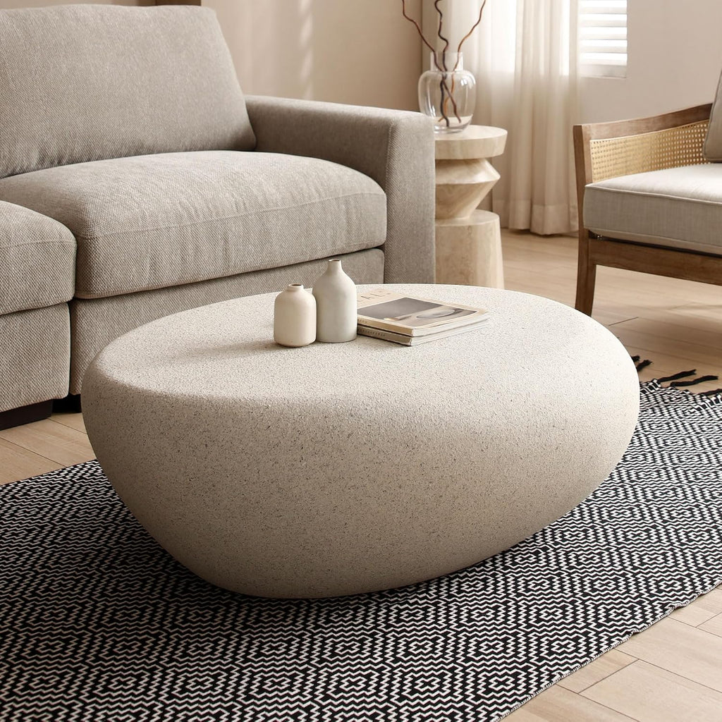 43.3' Oval Coffee Table for Living Room, Modern Faux Stone Center Table, Minimalist Accent Fiberglass Tea Table for Office Apartment, No Need Assembly, Cream White