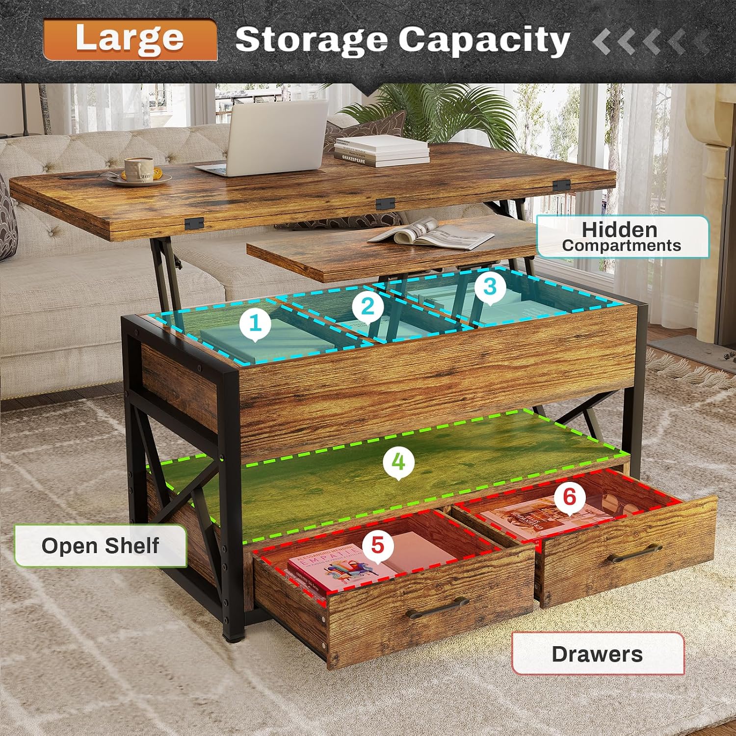 Itaar 40' Lift Top Coffee Table, 4 in 1 Coffee Tables with Storage for Living Room, Small Farmhouse Coffee Table with 2 Drawers & LED Light for Dining Reception Room, Rustic Brown