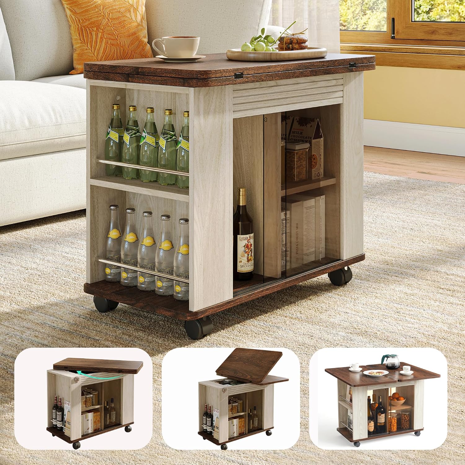 LINSY Folding Top End Table, Rolling Side Table with Universal Wheels, Modern Farmhouse Coffee Table with Sliding Glass Doors and Storage Shelf, Wood Narrow Nightstand for Living Room and Small Space
