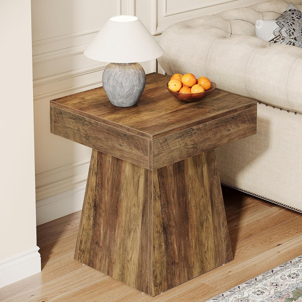 Tribesigns Small End Table Set of 2, Rustic Square Side Table with Wide Base, Farmhouse Small Nightstand Beside Bed, Next to Armchair, for Living Room, Brown
