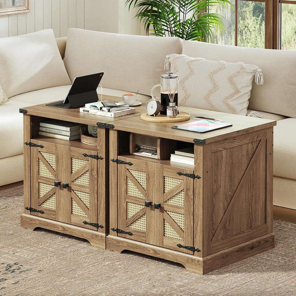 HOOBRO Farmhouse End Tables Set of 2 with Charging Station, 23.6' Large End Tables for Living Room, Large Bedside Tables with Rattan-Like Barn Door, Wooden Square Nightstand, Flip Tableop