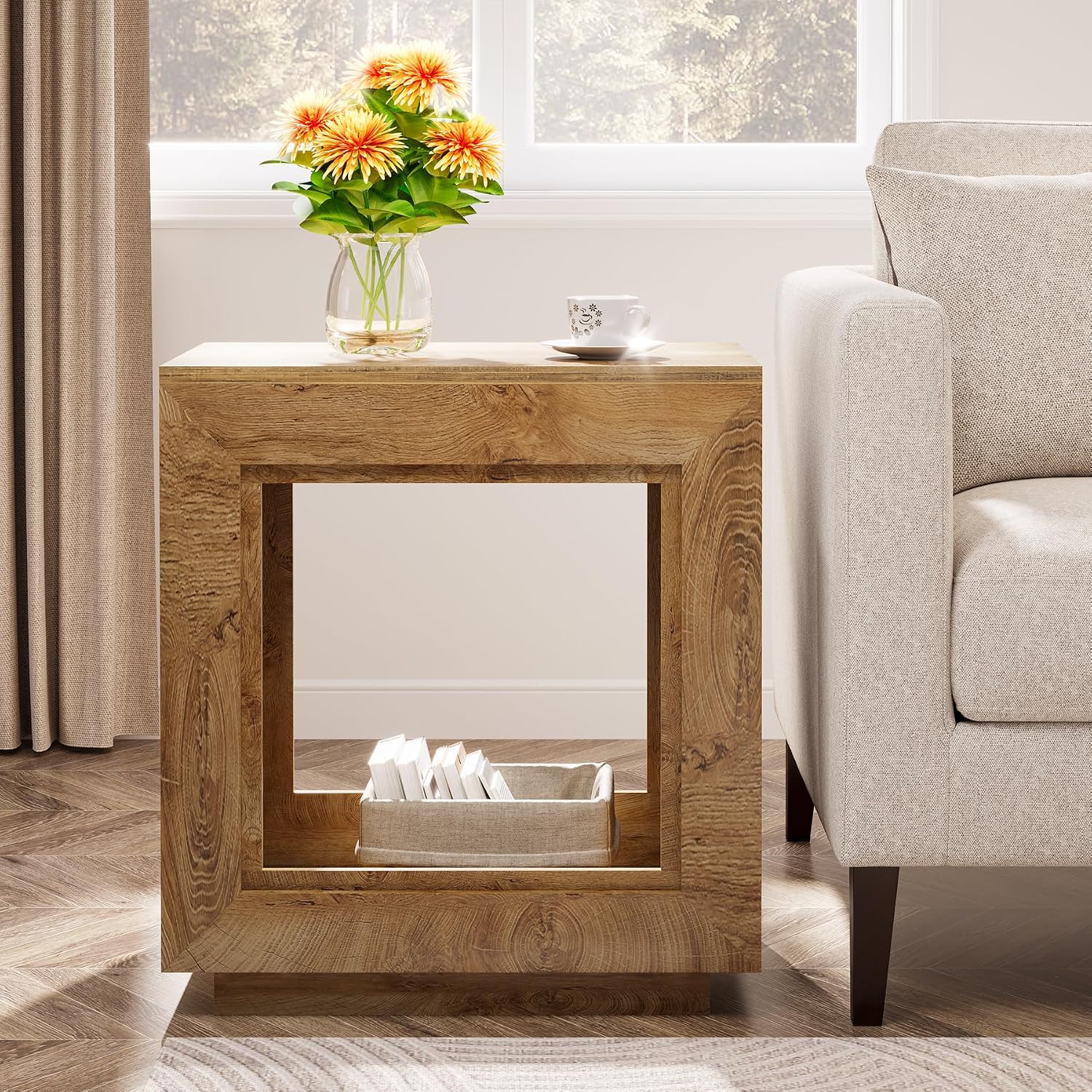 Tribesigns Rustic Brown End Table, 24' Side Table with Storage Shelf, Farmhouse Style Nightstand Bedside Table for Small Spaces, Bedroom, Living Room, Entryway, Easy Assembly (2, Natural)