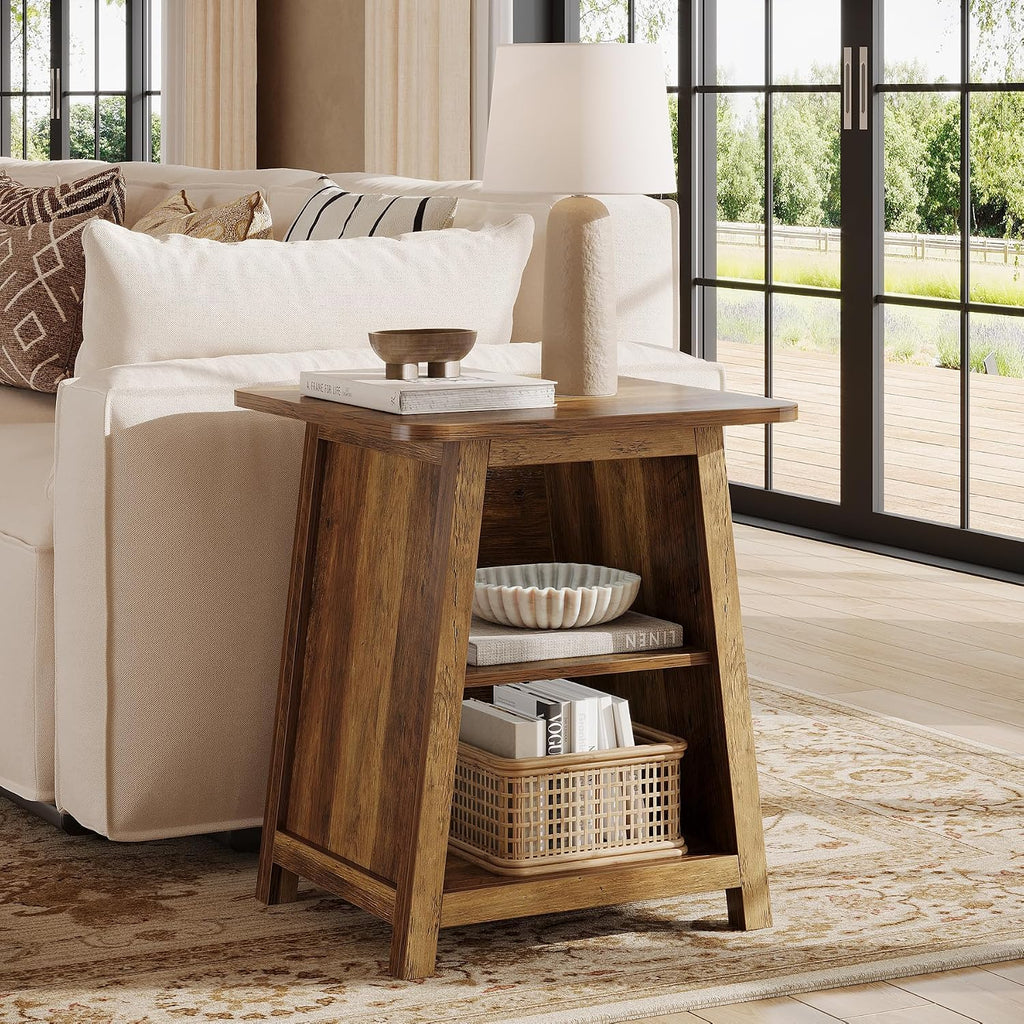 Tribesigns 3-Tier Rustic Farmhouse Wooden End Table with Open Storage Shelves, Trapezoid Angled Leg Side Table for Living Room, Small Space Friendly Sofa Side Table