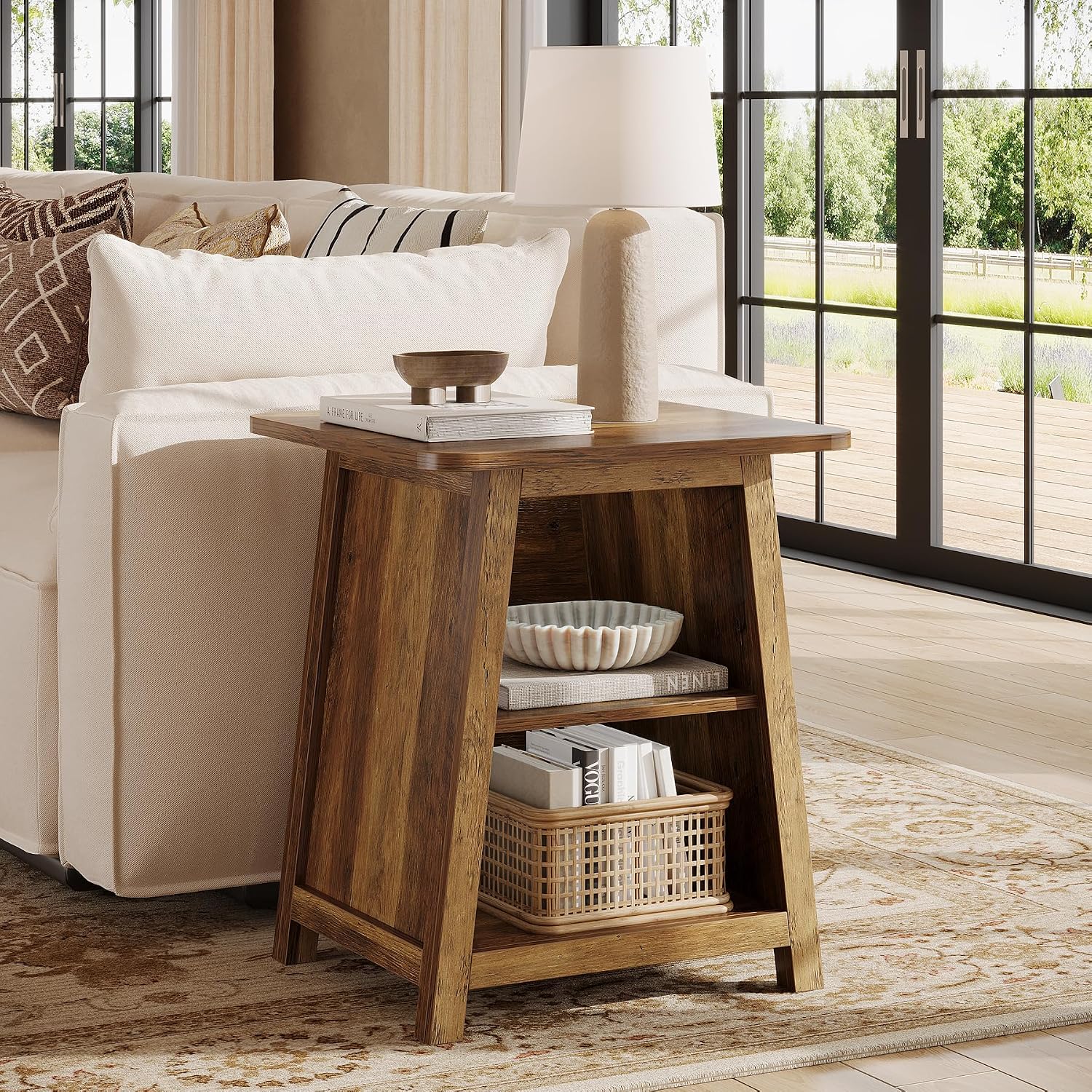Tribesigns 3-Tier Rustic Farmhouse Wooden End Table with Open Storage Shelves, Trapezoid Angled Leg Side Table for Living Room, Small Space Friendly Sofa Side Table