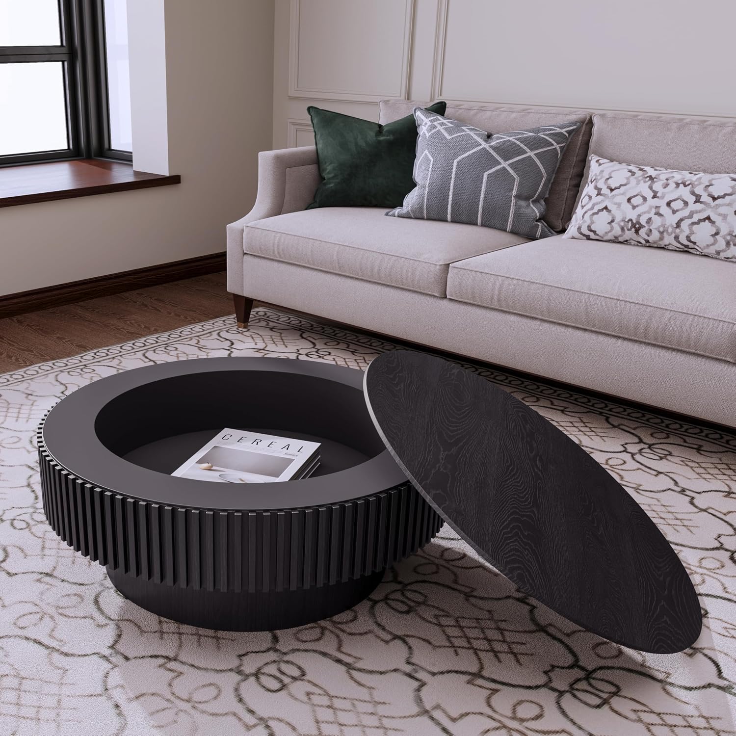 Round Coffee Table with Storage, Modern Handcraft Drum Coffee Table Wood Circle Center Table for Living Room Apartment, 31.49' Black