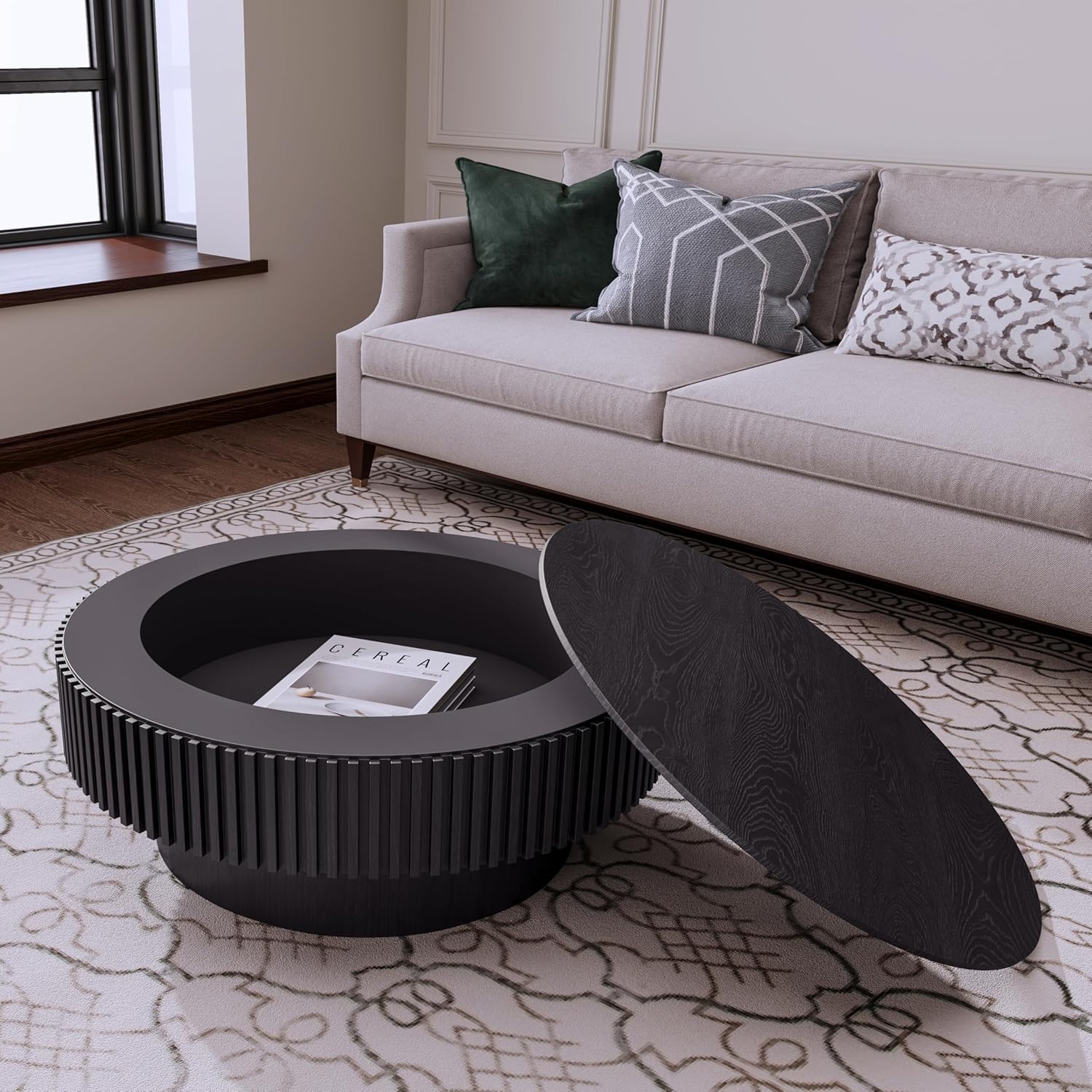 39.37'' Round Coffee Table with Storage, Solid Wood Veneered Modern Drum Coffee Table Accent Tea Table for Living Room, Bedroom, Apartment or Office-Black