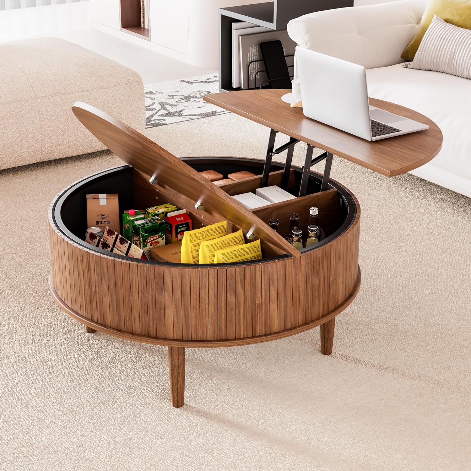 Round Fluted Lift Top Coffee Table with Storage, Mid Century Modern Coffee Table for Living Room, Home Small Space,31.5' Fluted Center Table (Walnut, 31.5inch)