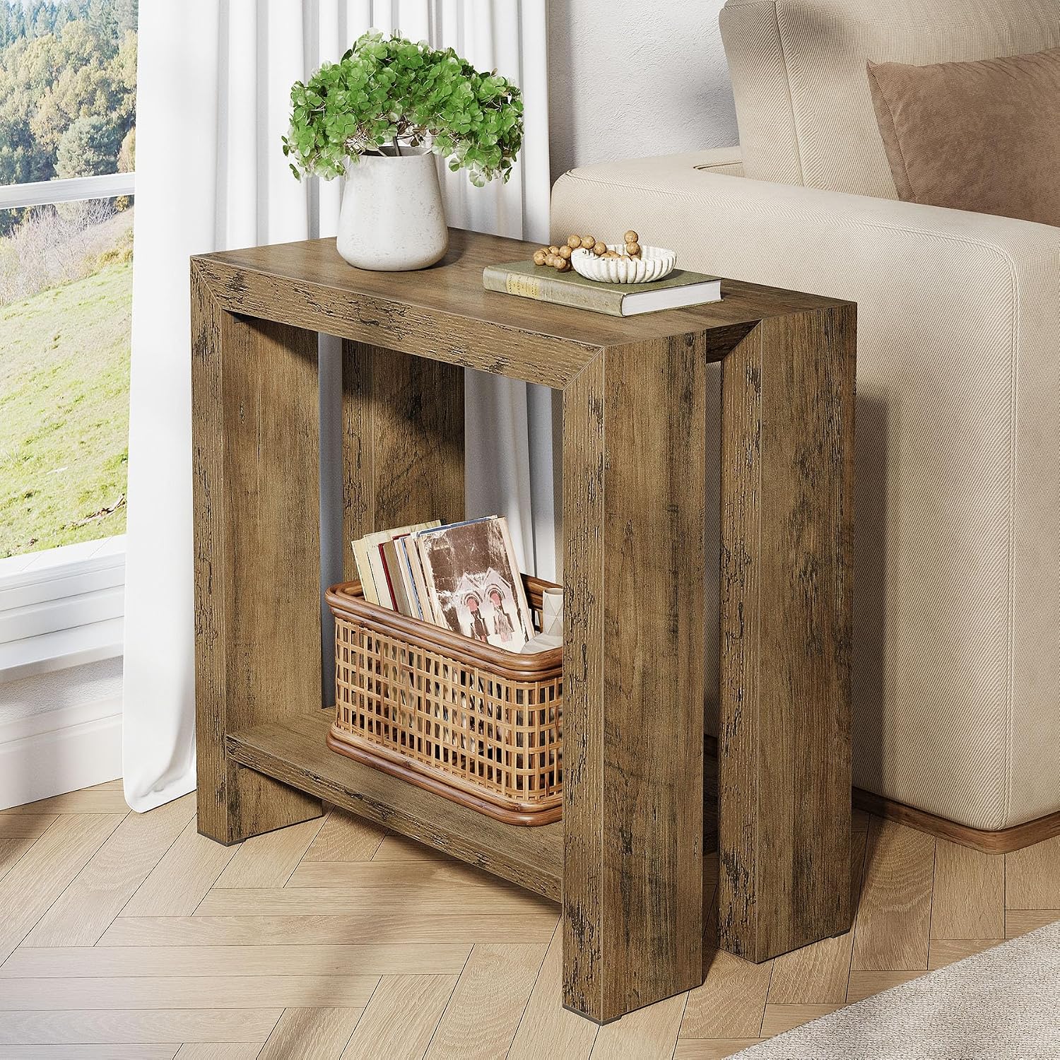 Tribesigns 2-Tier Narrow Side Table Set of 2, Farmhouse Wooden Sofa End Table with Bottom Shelf, Skinny Accent Nightstand for Small Space, Living Room, Bedroom, Easy Assembly (2)