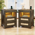 Night Stand Set 2 with Gun Drawer, Bedside Table with Charging Station, LED Nightstand with Human Sensor Light, Farmhouse End Table for Bedroom Living Room, Rustic