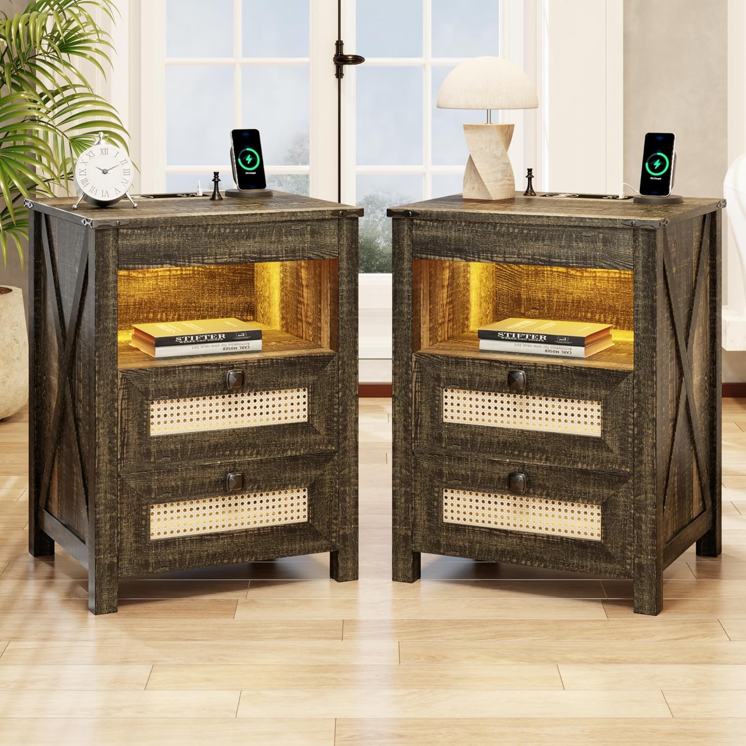 Night Stand Set 2 with Gun Drawer, Bedside Table with Charging Station, LED Nightstand with Human Sensor Light, Farmhouse End Table for Bedroom Living Room, Rustic
