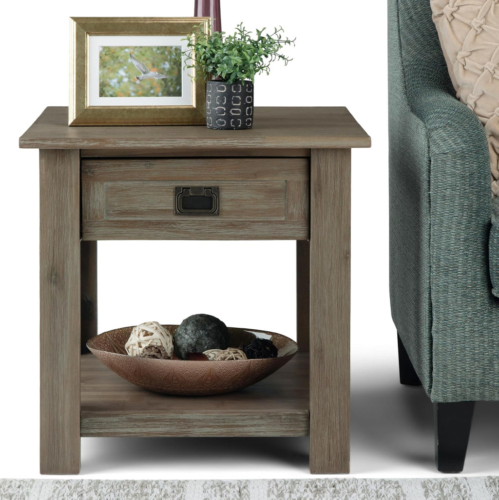 SIMPLIHOME Monroe End Table - 22 inch Wide Solid Acacia Wood Side Table in Distressed Grey, Rustic Contemporary Accent Table for Living Room or Bedroom with Drawer and Shelf