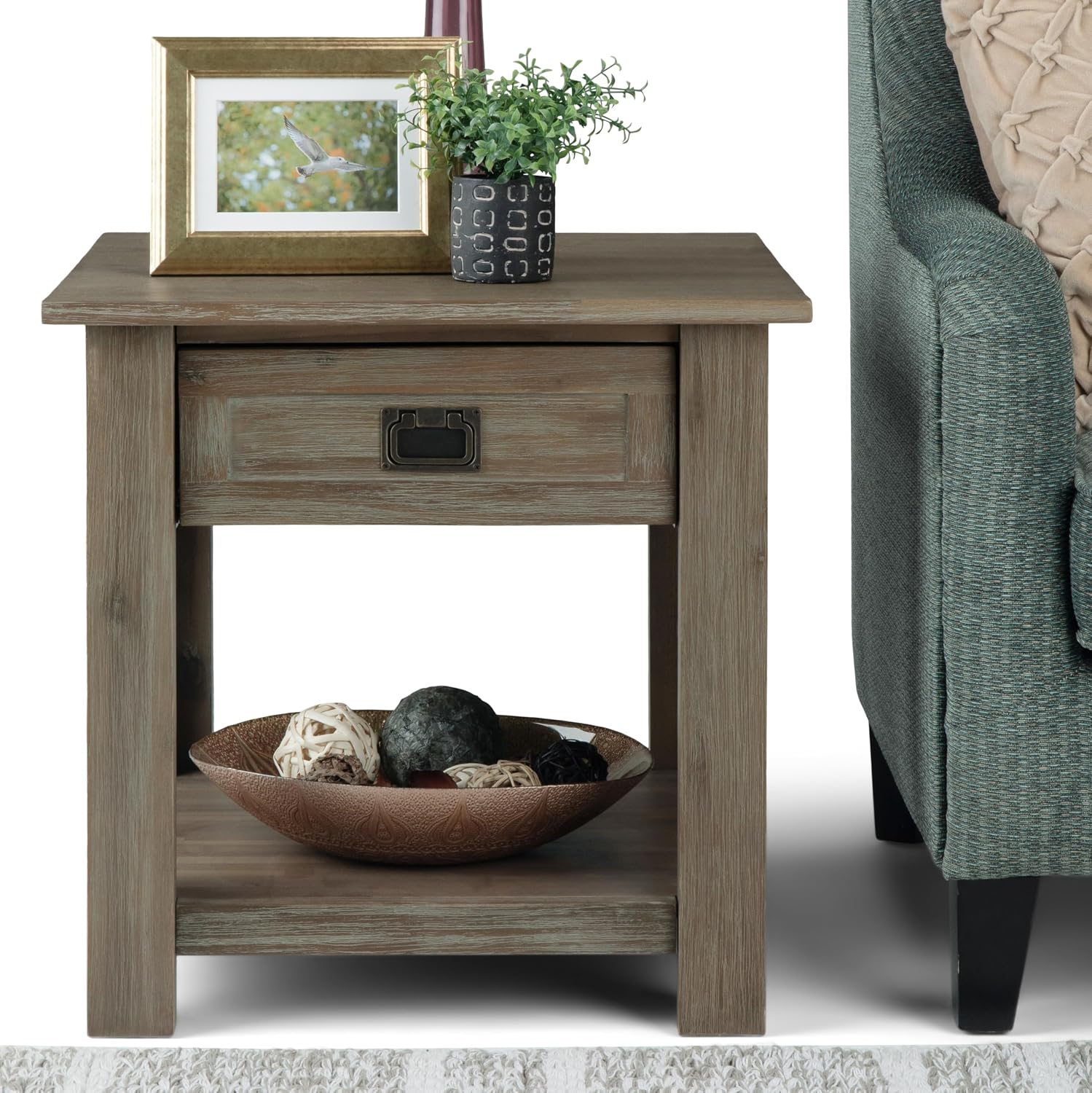 SIMPLIHOME Monroe End Table - 22 inch Wide Solid Acacia Wood Side Table in Distressed Grey, Rustic Contemporary Accent Table for Living Room or Bedroom with Drawer and Shelf