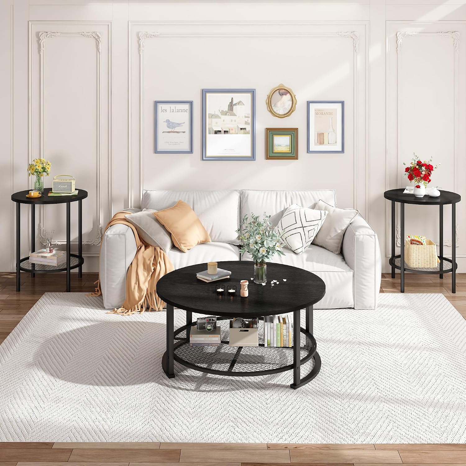 Recaceik Round Coffee Table and End Table Set of 3 with Storage, Modern Vintage Black Coffee Table and Side Table for Living Room, Office, Apartment, Small Space