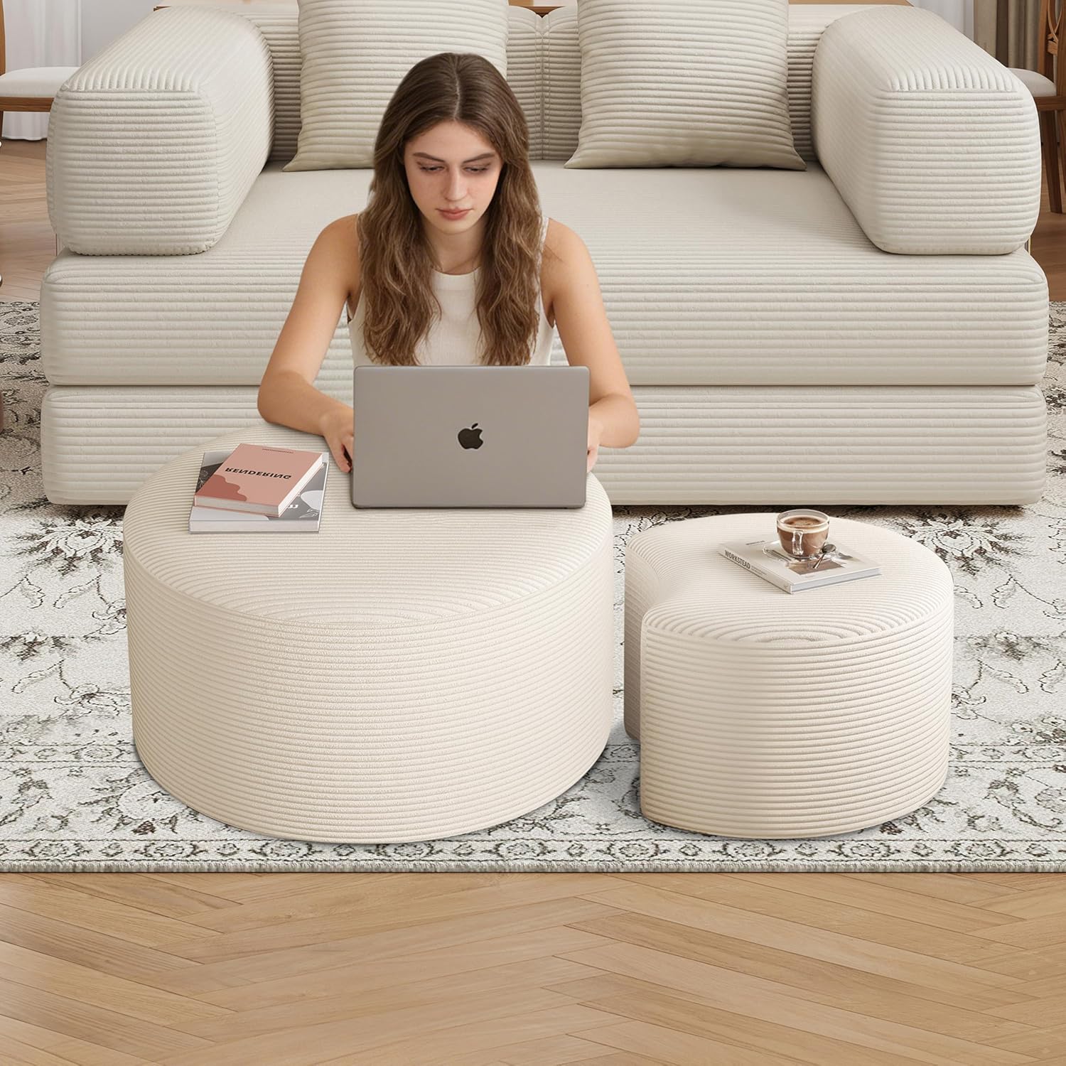 BSHOMGI Round Coffee Table Set of 2, Movable Ottoman for Corduroy Cloud Sectional Couches Circle Foam Round Side Table for Living Room, Entryway Set, 32'+17' Footrest No Assembly (Beige, 32'+17')