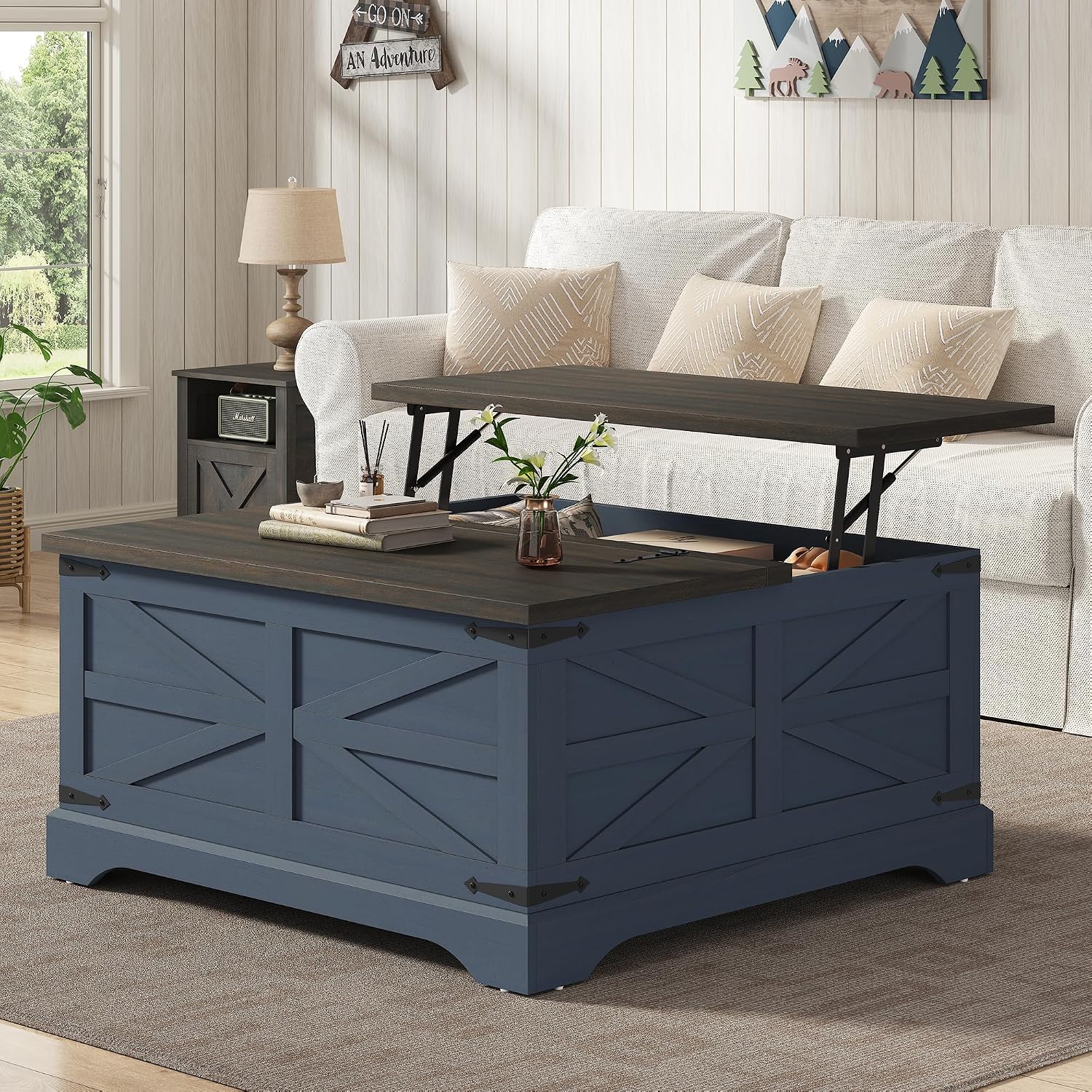 Furnideco 35.5''W Square Coffee Table Farmhouse Lift top Coffee Table with Large Hidden Storage, Wood Center Table for Living Room, Home Office, Blue