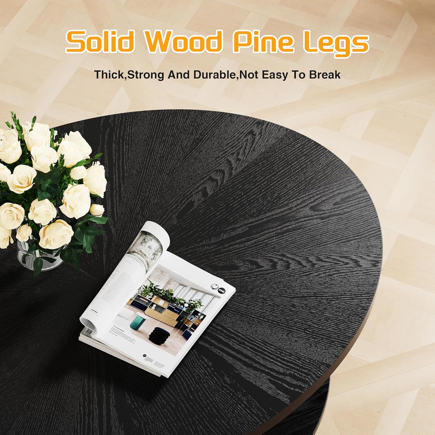 Solid Wood Oval Coffee Table for Living Room, 2 Tier Oval Rustic Coffee Table with Storage Shelf, Double Layer Center Table for Living Room, Easy Assembly Black