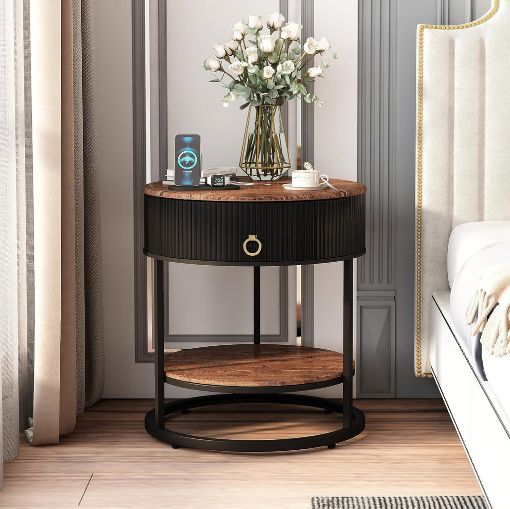 OIOG Round End Table with Drawer, Modern Wood Grain Side Table with Shelf, 2-Tier Nightstand with Drawer for Living Room, Bedroom, Rustic Brown and Black