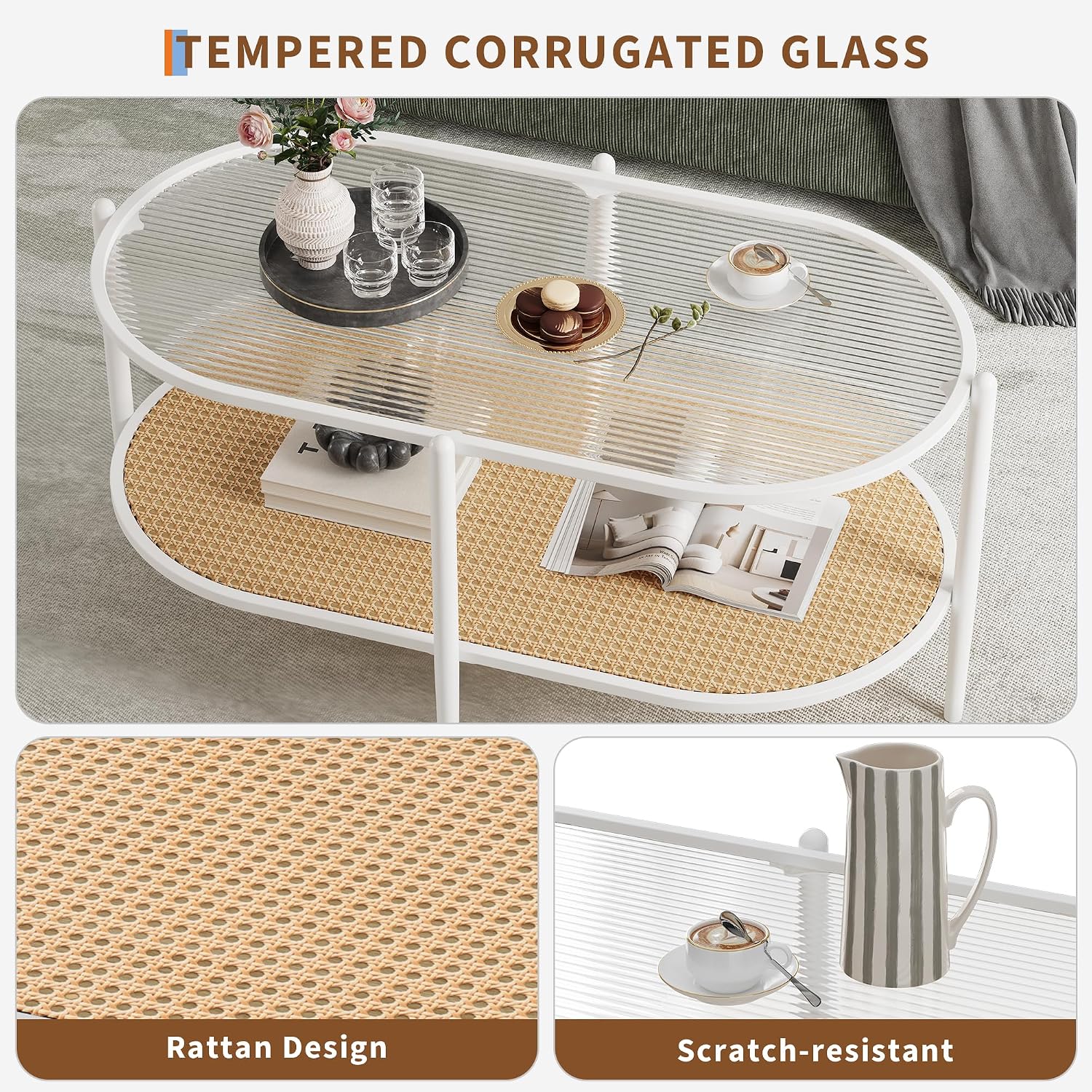 Boho Rattan Coffee Table with Glass Top, 2-Tier Oval Center Table with Metal Frame & Storage Shelf, Rustic Farmhouse Living Room Accent Tea Table for Apartment, Bedroom, Office White