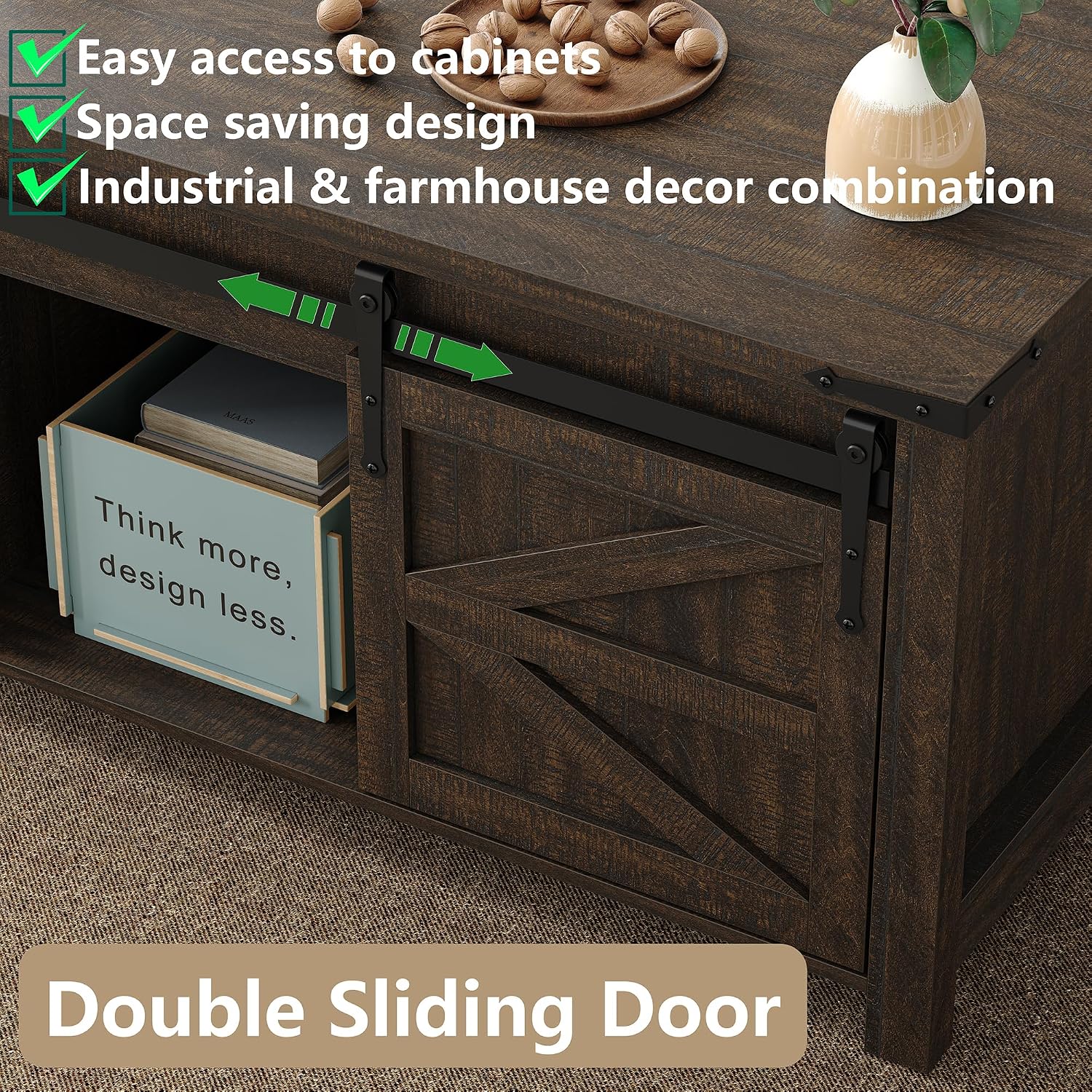 Furnihold 47.3'' Lift Top Coffee Table Rectangle Farmhouse Coffee Table with Storage Rustic Center Table with Sliding Barn Doors for Living Room, Home, Dark Brown